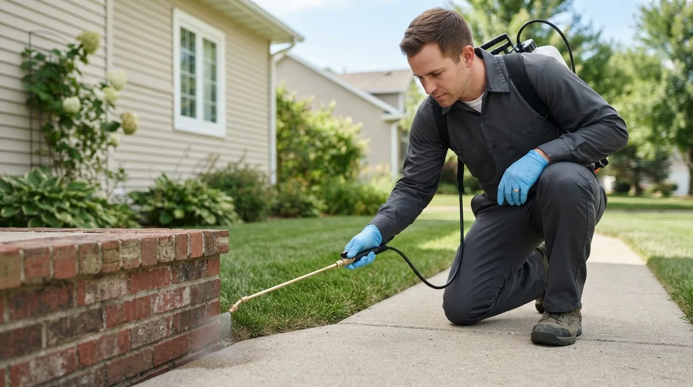 Pest control technician treating a home near Audubon, IA