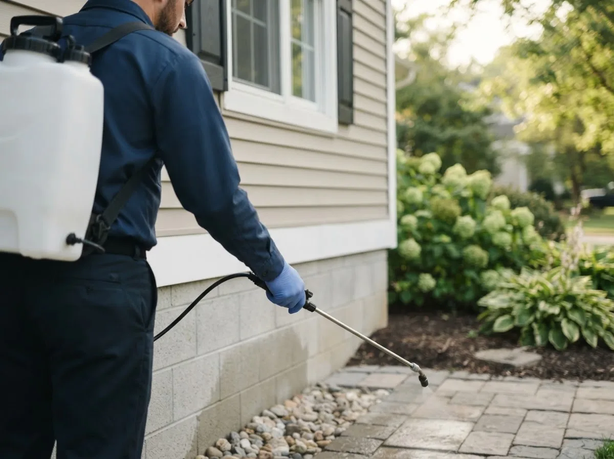 Pest control technician inspecting a home in Audubon, IA